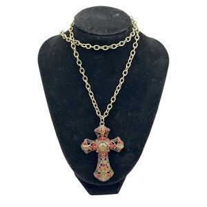 Gothic Cross Necklace | Magnetic | Antiqued Brass Rhinestone Statement